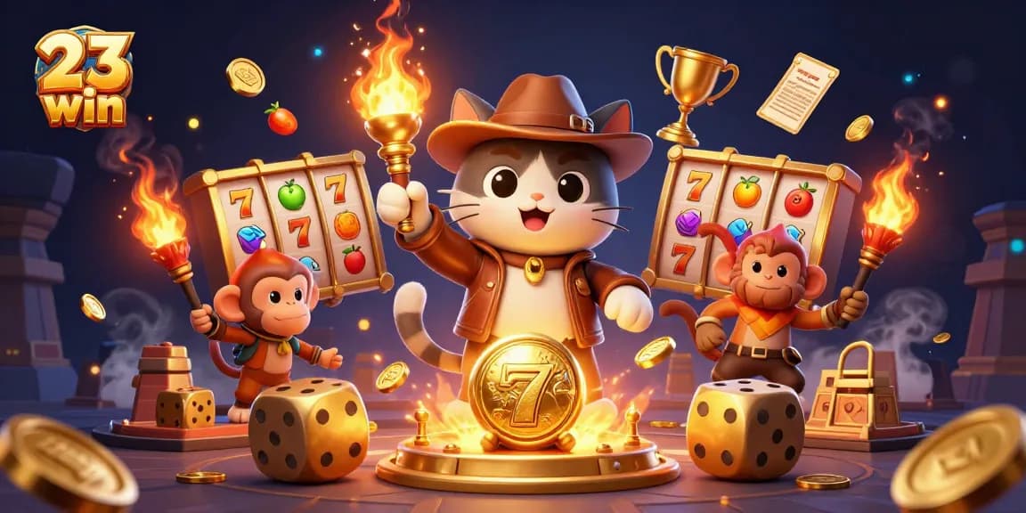 Experience the thrill of 23 win with a golden casino artifact and dynamic game elements in a vibrant scene.