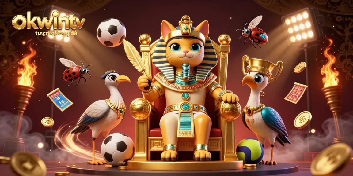Watch the dynamic scene of okwintv trực tiếp bóng đá with animated pharaoh cat and sports elements filled with excitement.