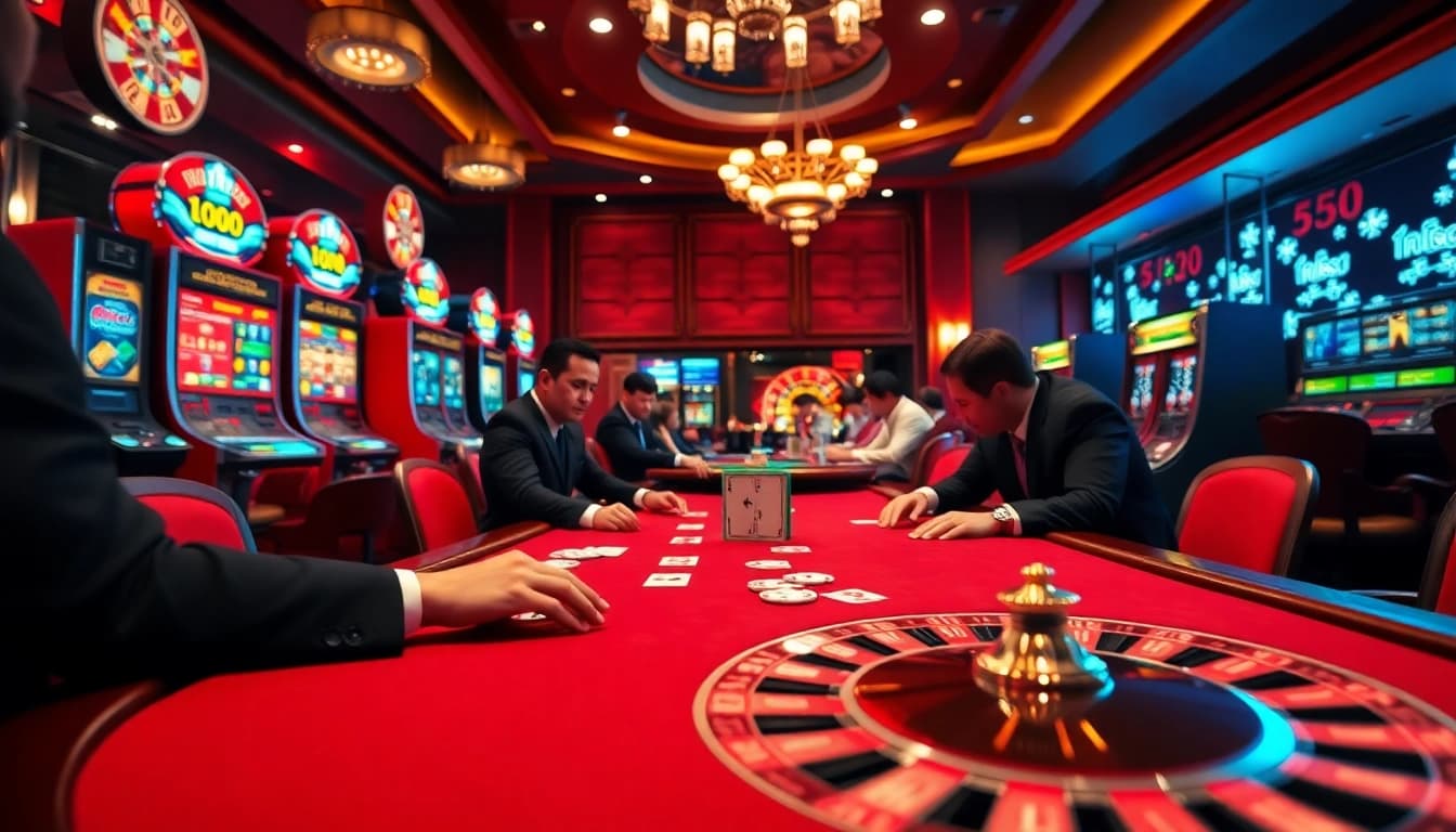 Experience thrilling gameplay at https://nh88vn.com/ with a luxurious casino setting of poker and slot machines.