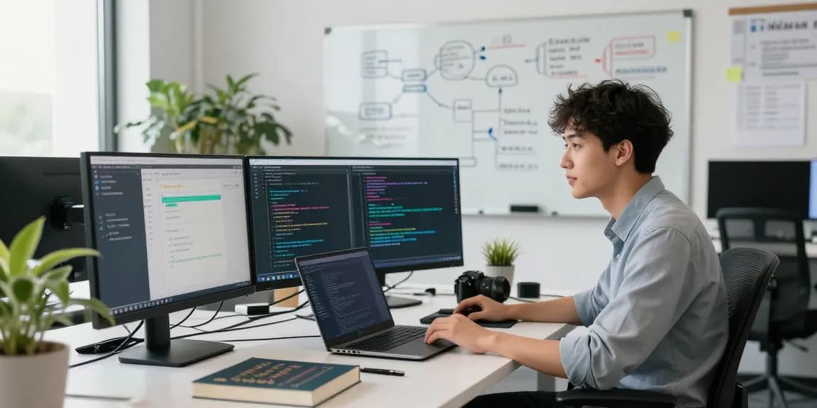 Developer exploring spicy AI applications in a vibrant workspace with dual monitors and creative tools