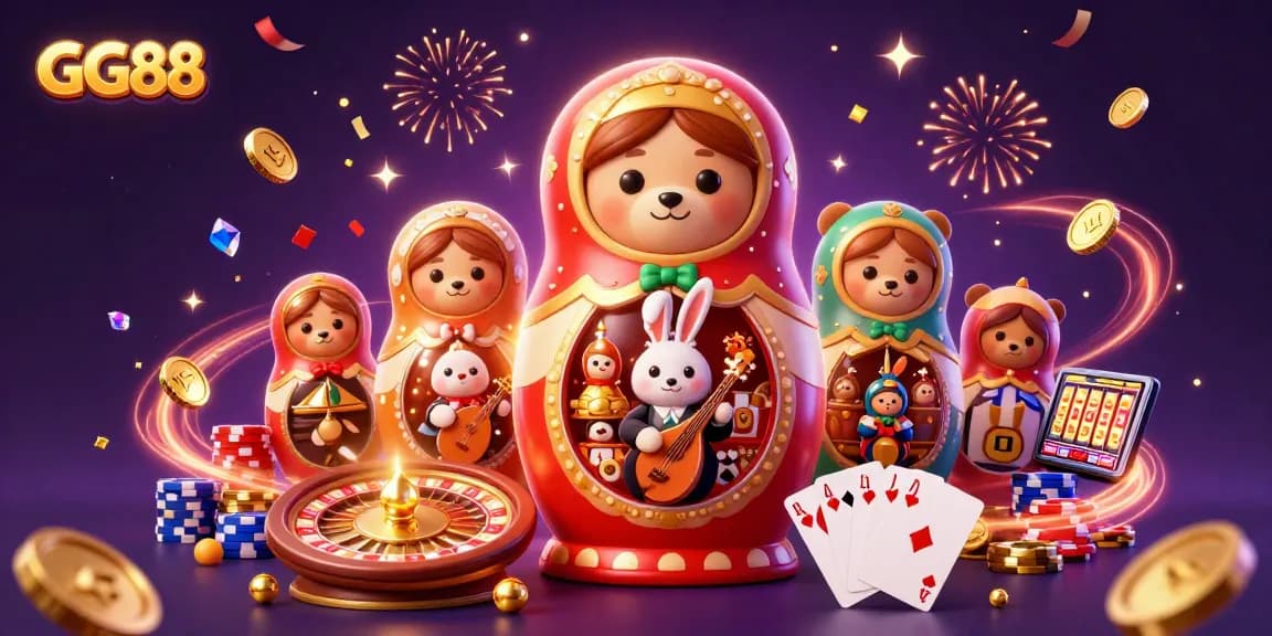 Experience GG88's vibrant casino world with a festive 3D illustration of bears and casino elements.