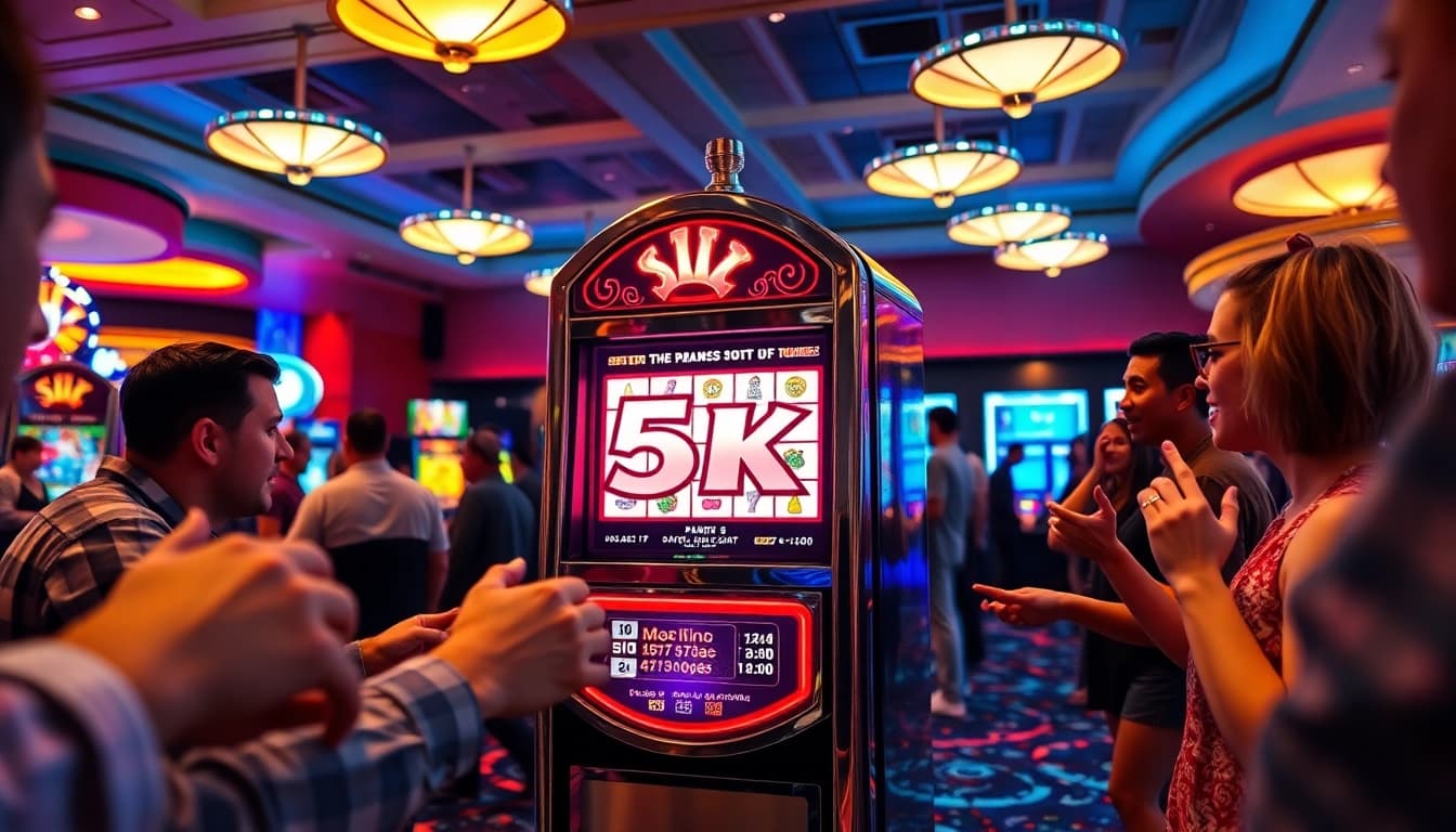 Mainkan slot 5k di mesin kasino yang cerah dan penuh warna.