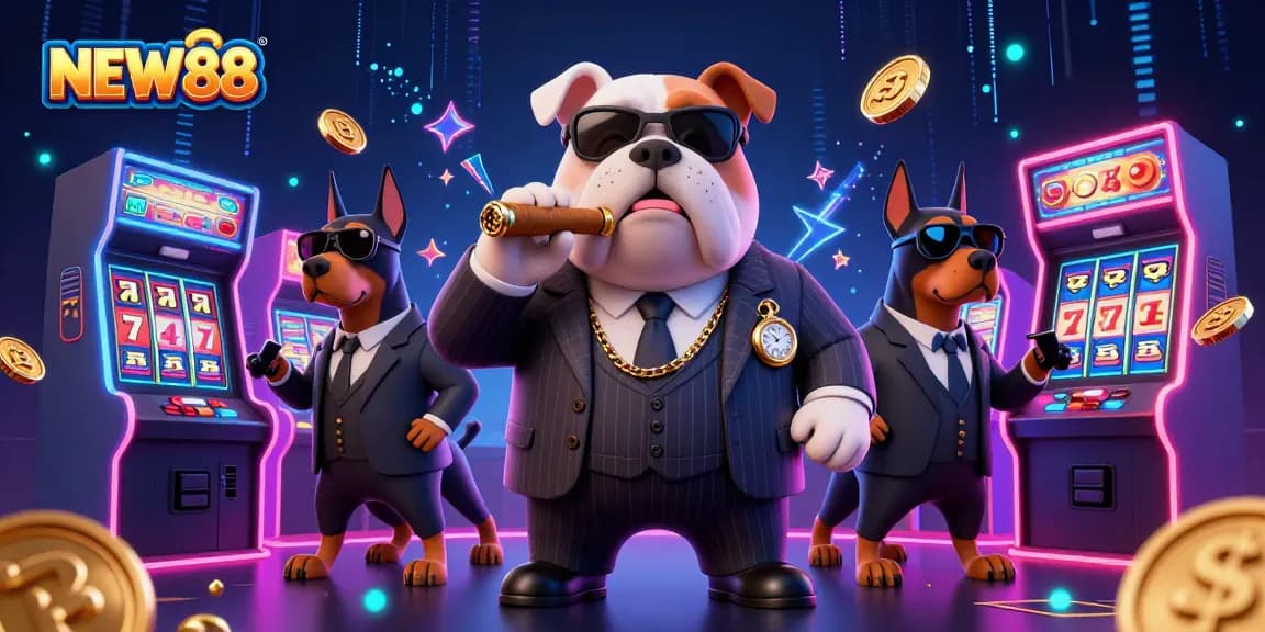 Experience the thrill of NEW88 casino with a lively 3D scene featuring a mafia boss and game machines.