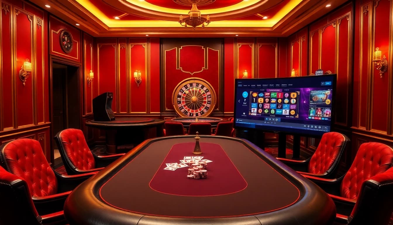 Experience the thrill of home eejl with an opulent online casino setting featuring poker and roulette.