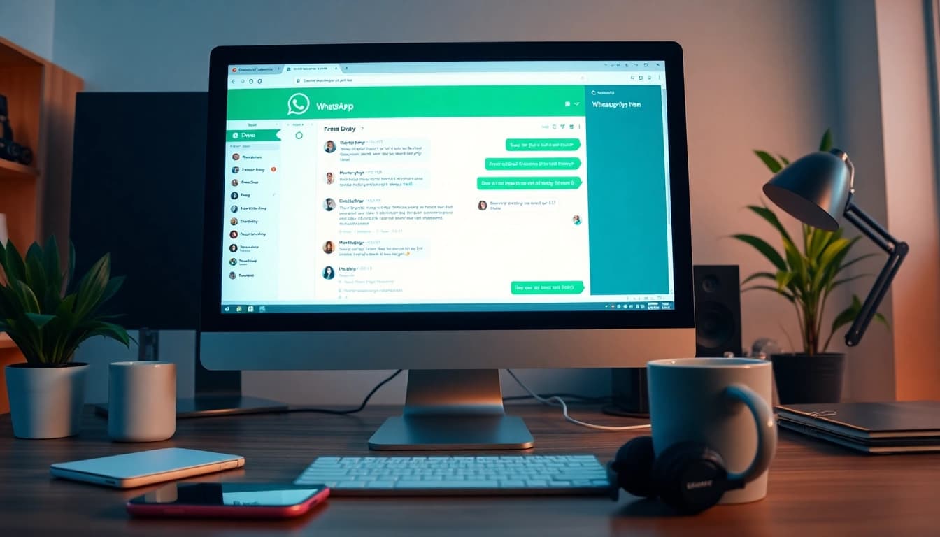 电脑屏幕上的 WhatsApp Web 界面，突出显示快连官网在即时通讯中的功能。