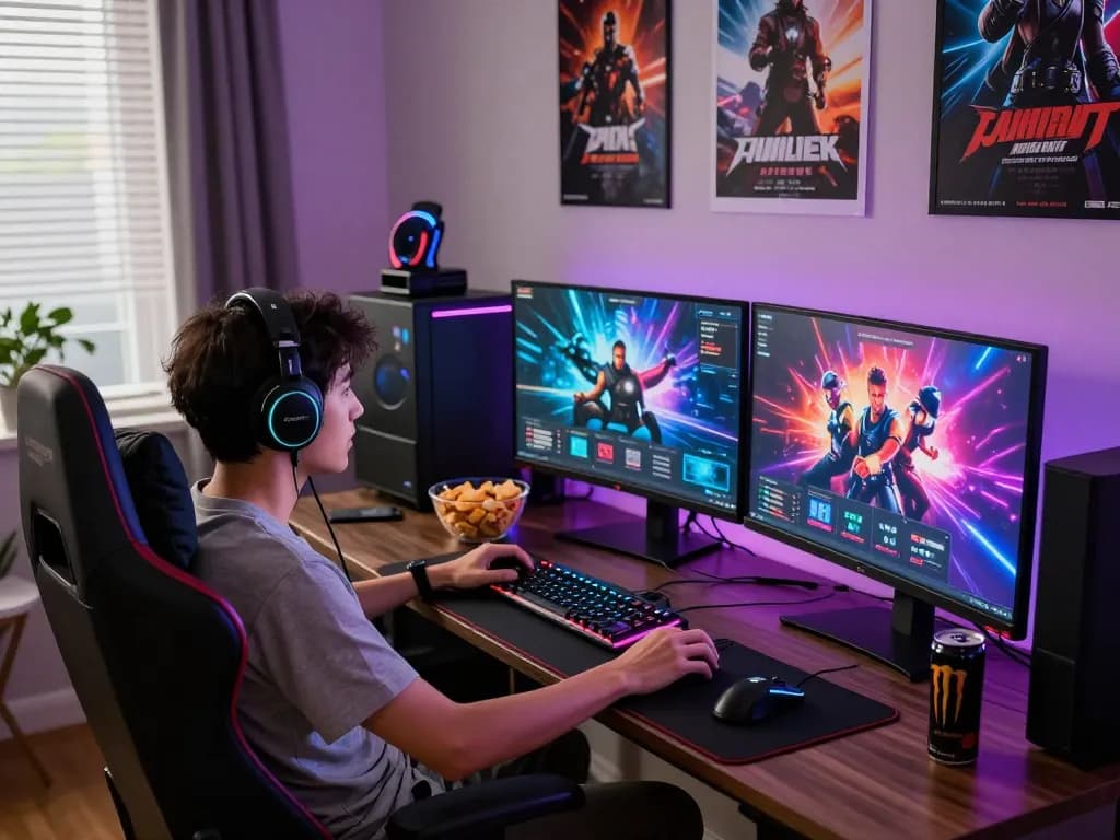 Gamer immersed in HTML porn games surrounded by vibrant lighting and gaming gear