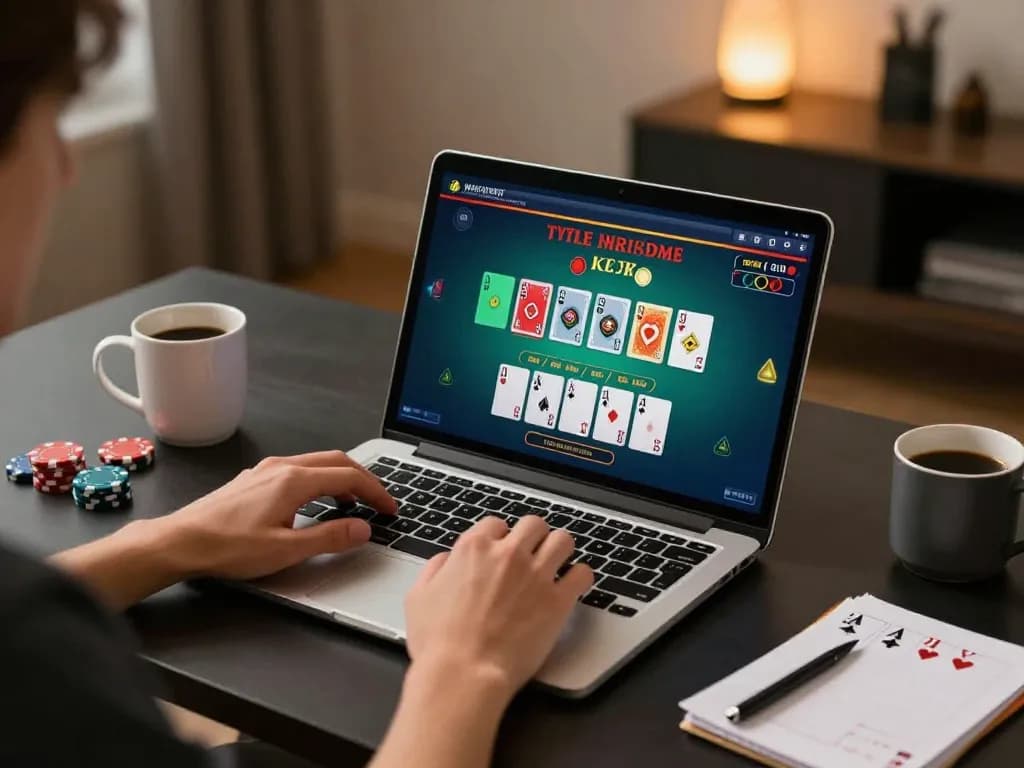 Engaging online blackjack action at 789F with laptop gameplay, chips, and strategic notes visible.
