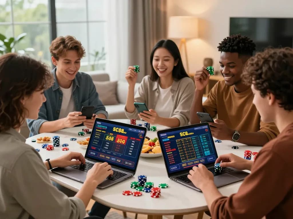 Group celebrating victories while playing SC88.com on mobile devices in a cozy gaming space with colorful chips.