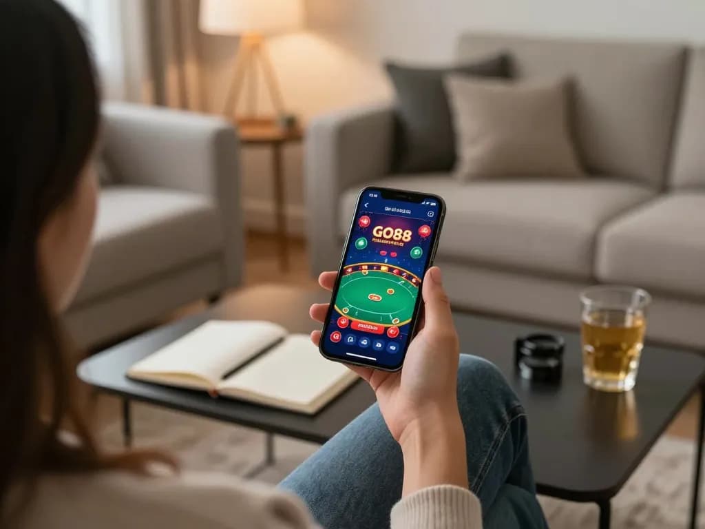Player enjoying the GO88 casino app on a smartphone, showcasing online gaming experience.
