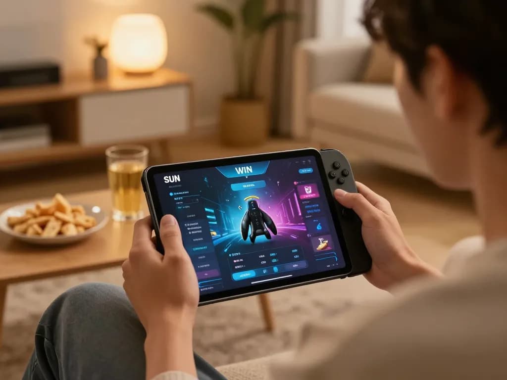 Engaging in Sun win online gaming on a tablet in a cozy home atmosphere.