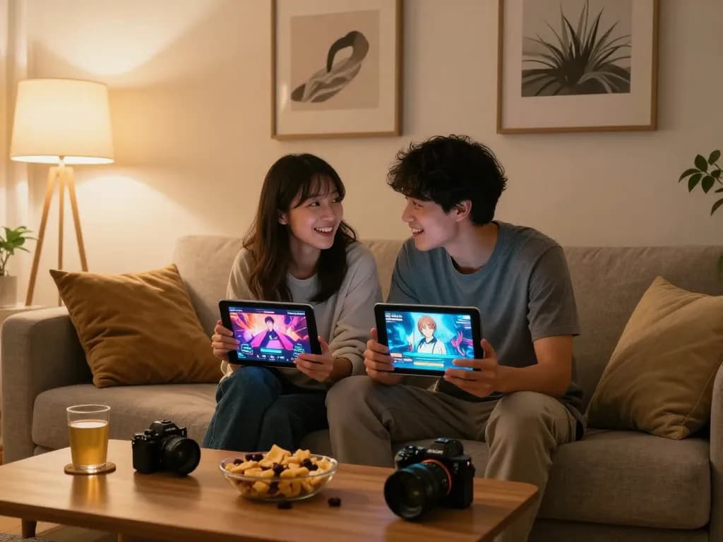 Couple enjoying porngames on tablets in cozy living room setting.