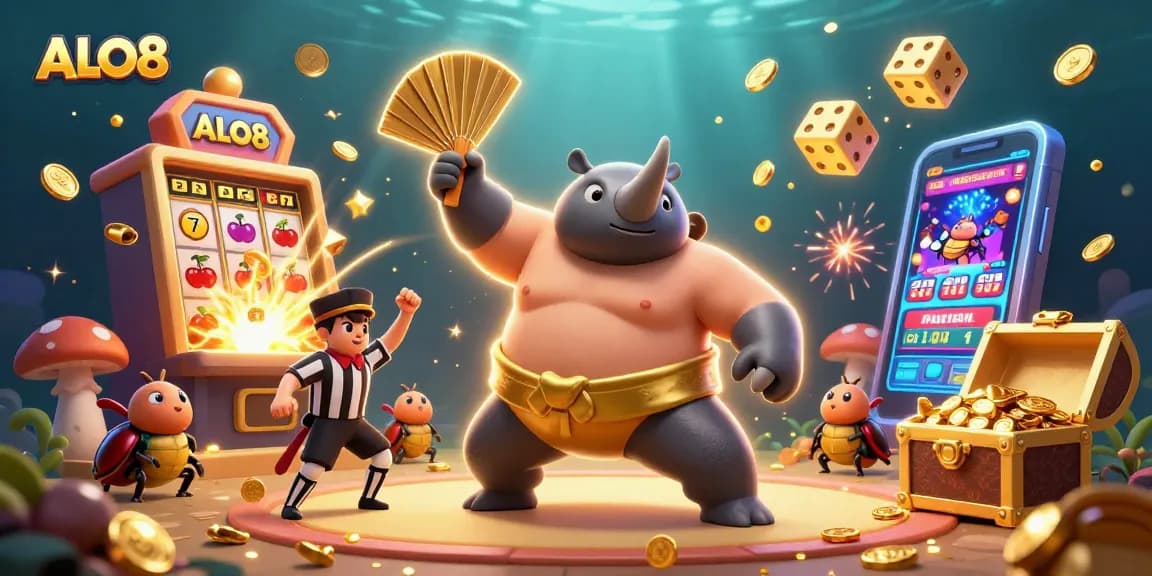 Experience thrilling wins at ALO8 with cartoon characters stomping gold coins amidst exciting casino elements.