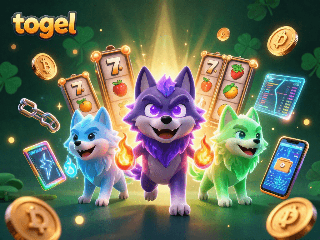 Engage with togel's thrilling slot games surrounded by vibrant 3D casino characters and digital elements.