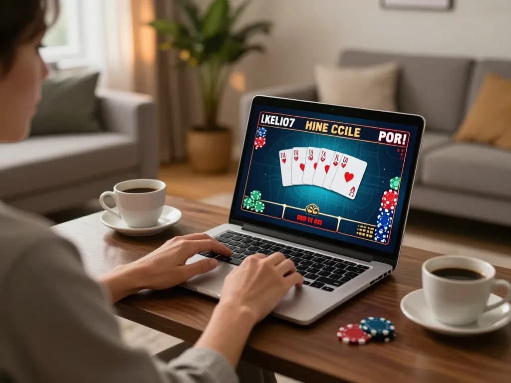 Player engaging in online casino gaming at home with MM88 link displayed on their laptop.