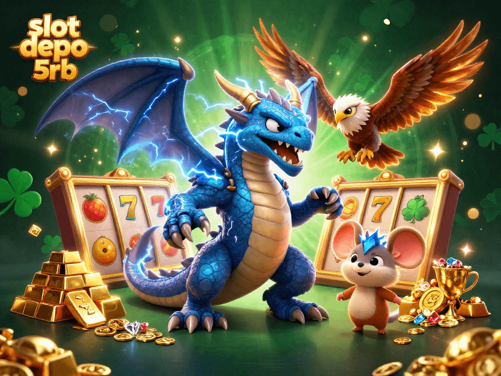 Experience thrilling action with slot depo 5rb in this vibrant 3D illustration showcasing dynamic casino elements.