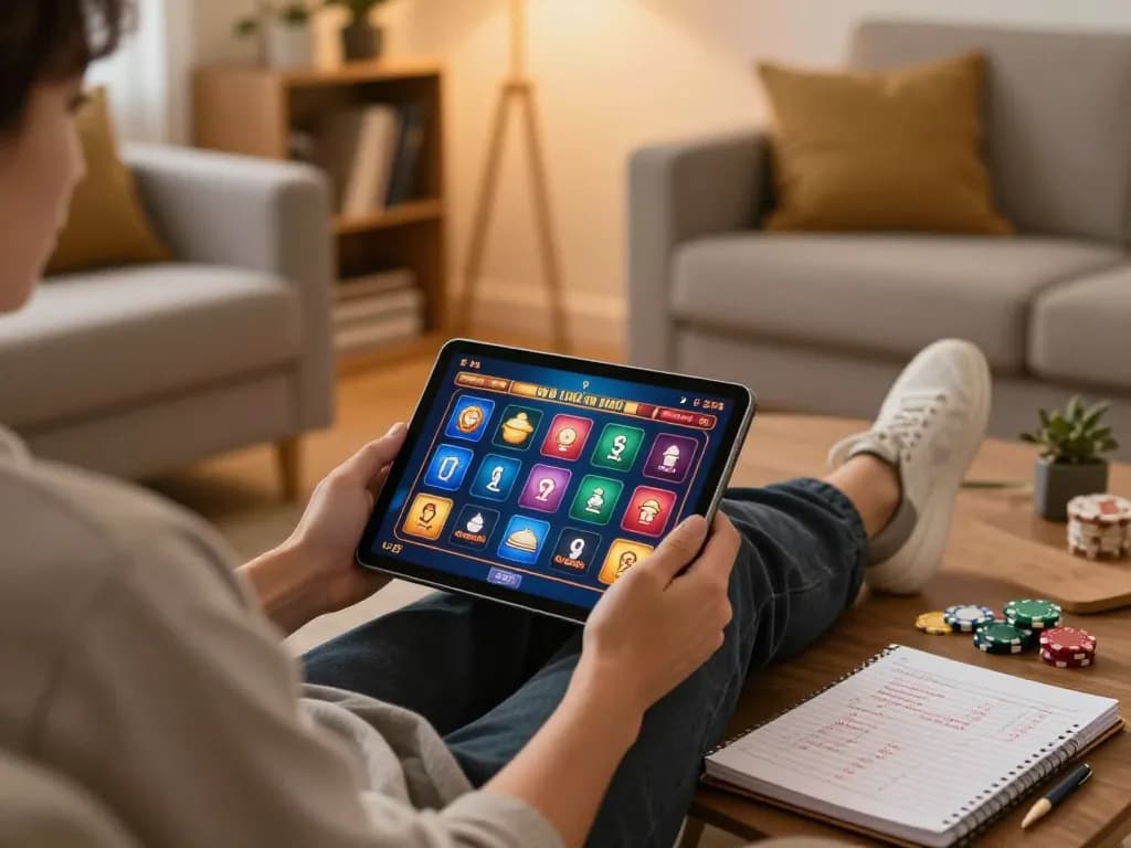 Engaging in online gaming at home with okfun app on tablet, showcasing a strategic approach.