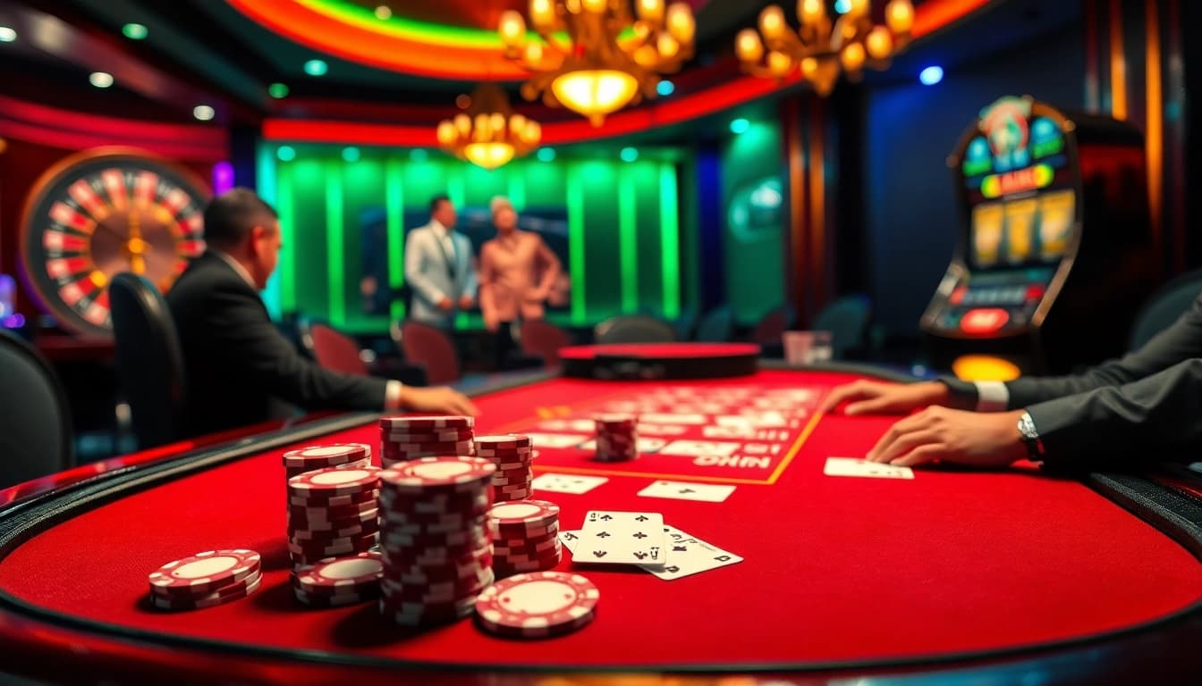 High-stakes poker game at https://okfun02.co/ with vibrant atmosphere and luxury details.