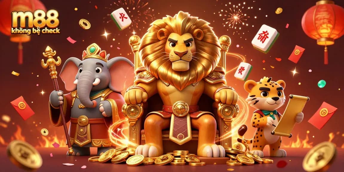 Chơi m88 không bị chặn với vua sư tử, cố vấn voi và sứ giả báo trong cảnh casino sống động.