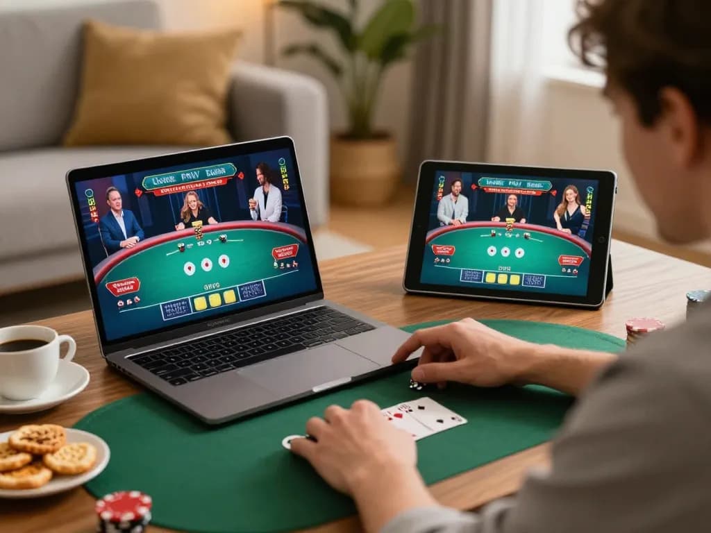 Playing online poker on SC88 with a cozy home setup, showcasing strategic gameplay and responsible gaming