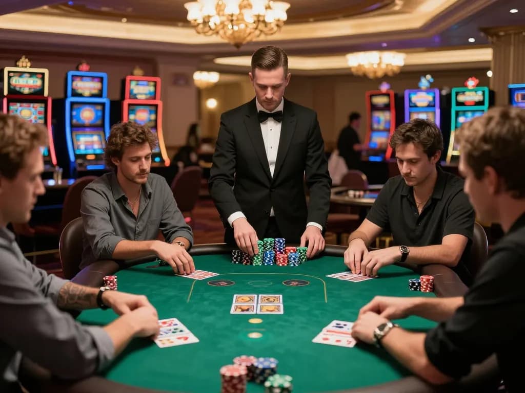 tr88 poker scene showing players engaged in a high-stakes game amidst a vibrant casino atmosphere