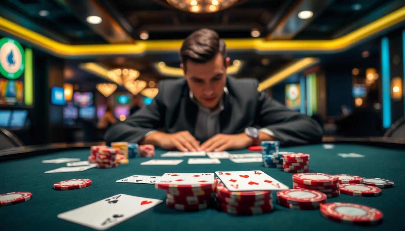 Engage in a dynamic poker game with vibrant chips and cards on the table.