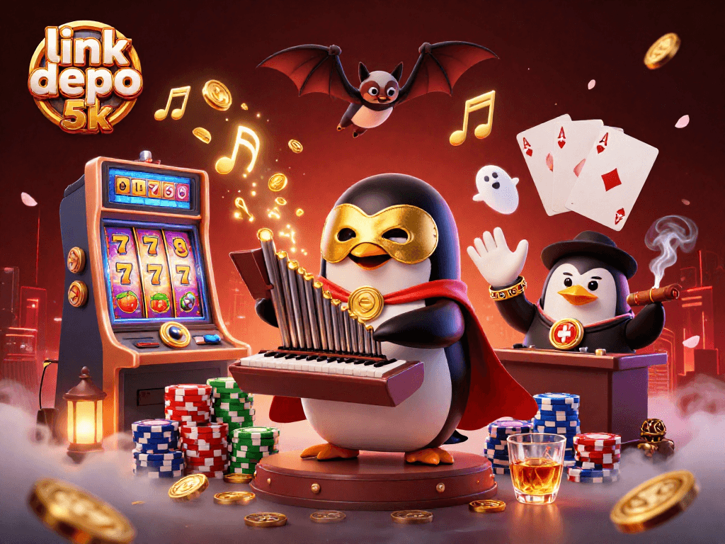 Engage with link depo 5k as a penguin plays a golden organ surrounded by slot machines, poker elements, and acrobatic charm.
