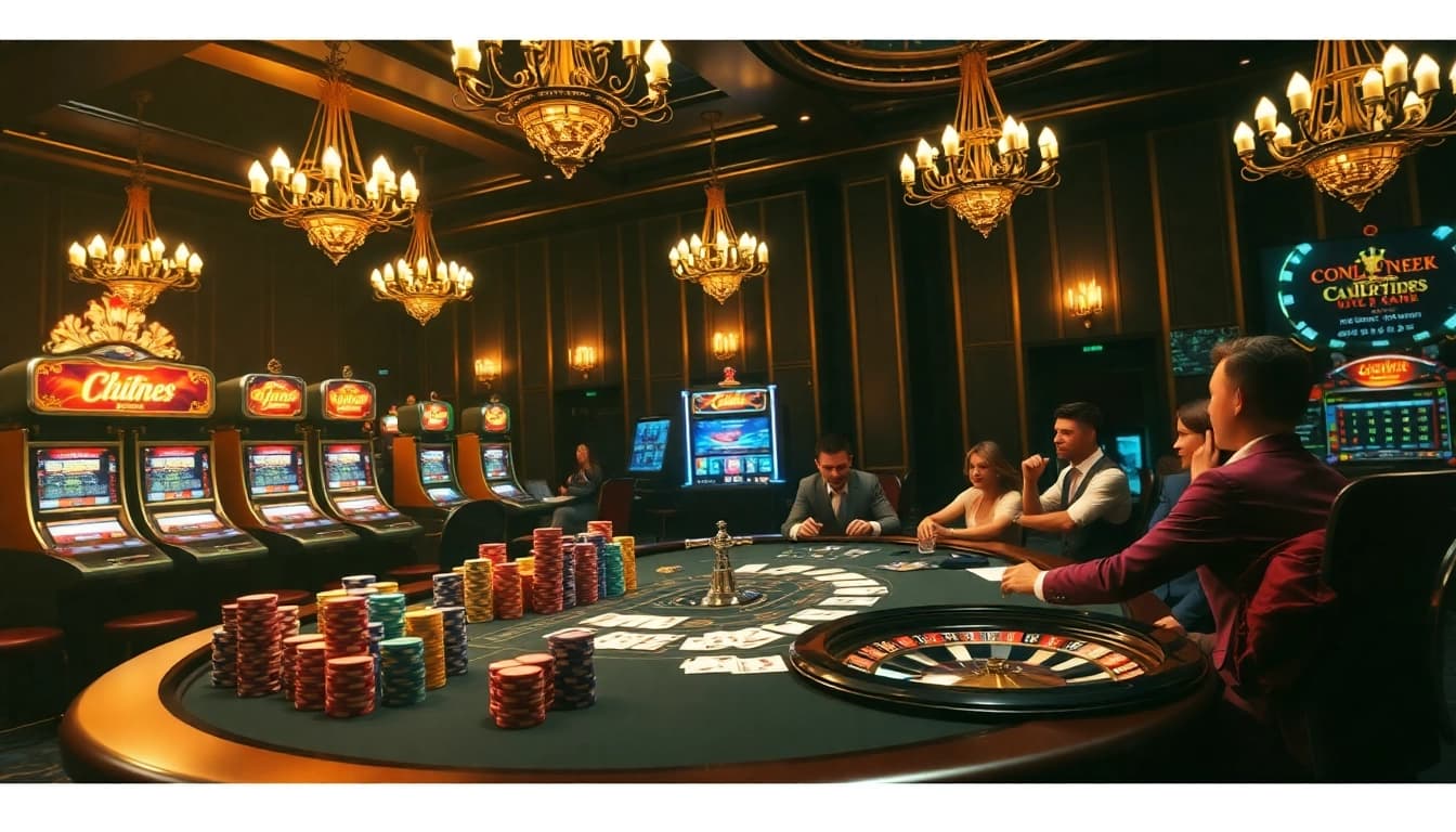Engage in thrilling gameplay at https://ok8386.sh/ with vibrant casino tables and poker chips stacked high.