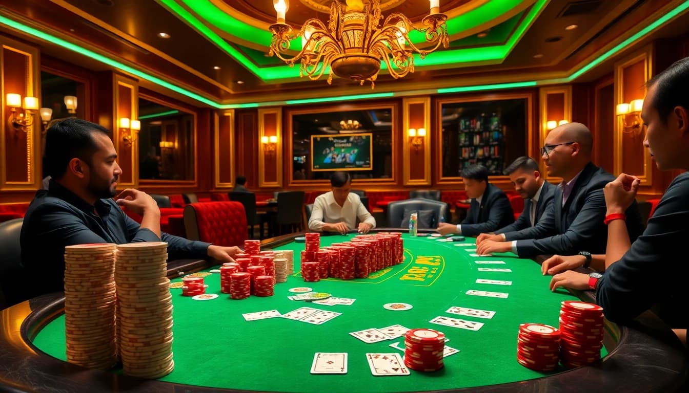 Engaging players at a vibrant ClubGG poker club table with chips and cards, evoking excitement.