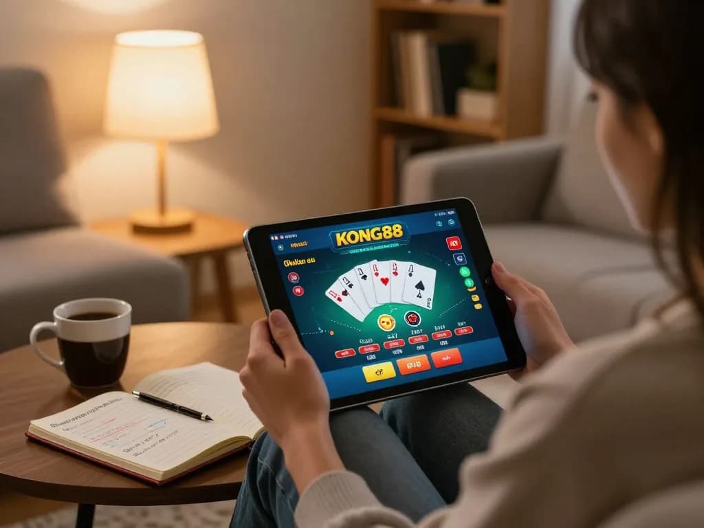 Engaging with online gambling on Nhà cái KONG88 platform, showcasing a cozy home gaming environment.