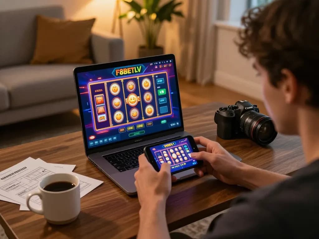 Players enjoying F8BETLV casino app on mobile while managing bankroll strategies in cozy home setting.