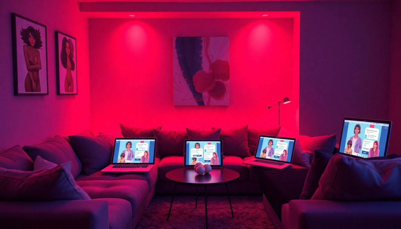 Engaging sex chat room scene with cozy atmosphere and digital devices.