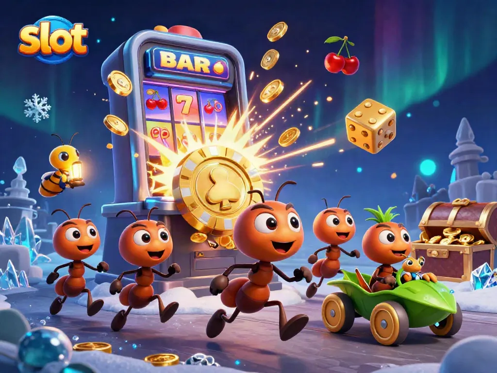 Pasang slot dan menangkan dengan karakter semut mencuri chip poker emas raksasa di kasino.
