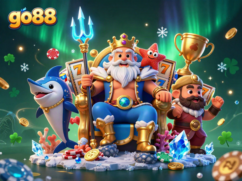 Engage with go88's vibrant casino world through an exciting 3D illustration depicting Neptune and gaming elements.