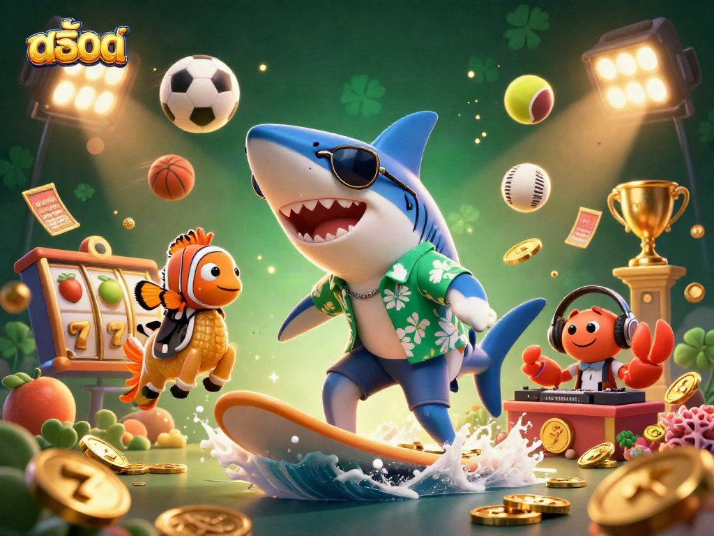 Engage in สล็อต thrills with a shark surfing gold coins alongside vivid slot elements.