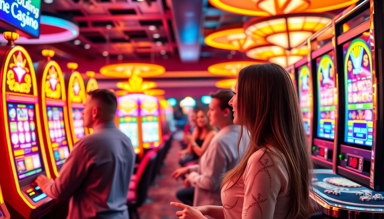 Experience the thrill of winning at Bro138's vibrant slot machines in a luxurious casino setting.