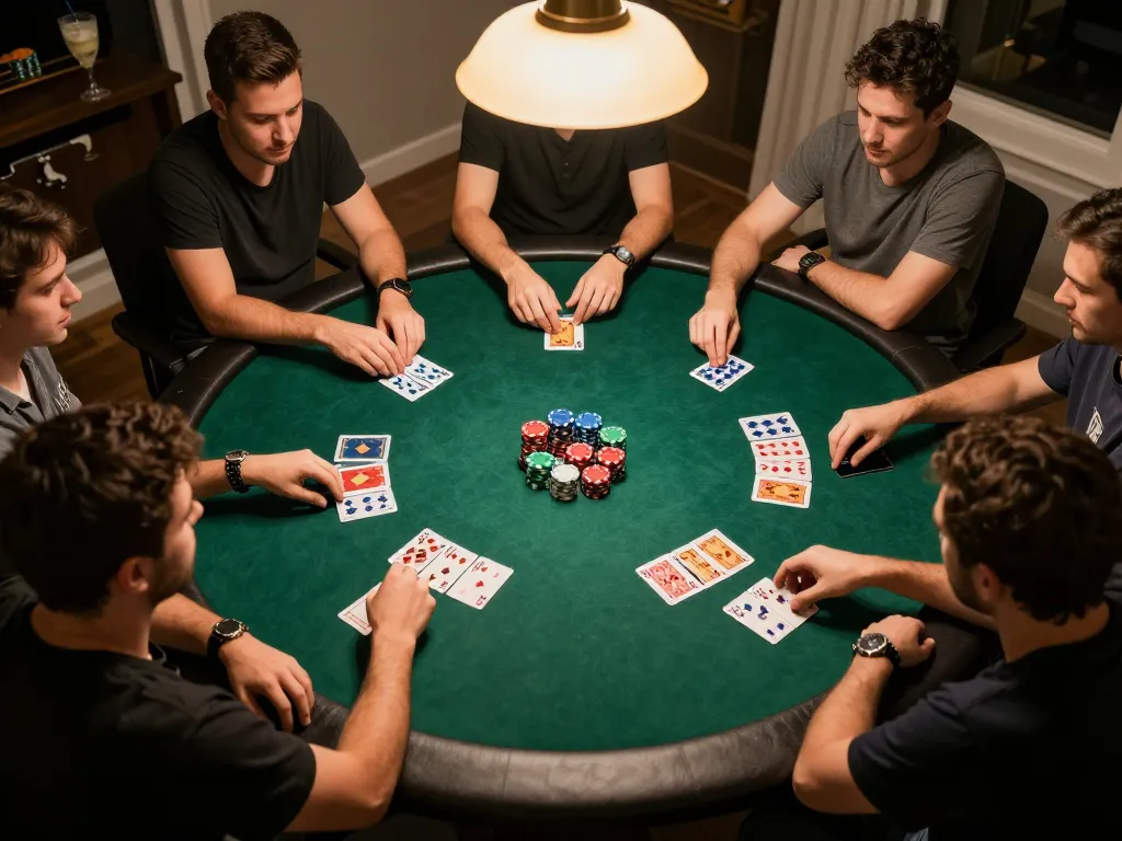 Engaging poker action at a home game night on cm88 com, friends competing with cards and chips.