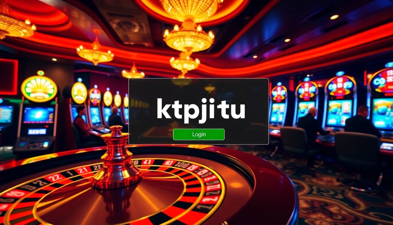 A vibrant casino scene showcasing a roulette wheel and slot machines with a prominent kpjitu login interface for online gaming excitement.