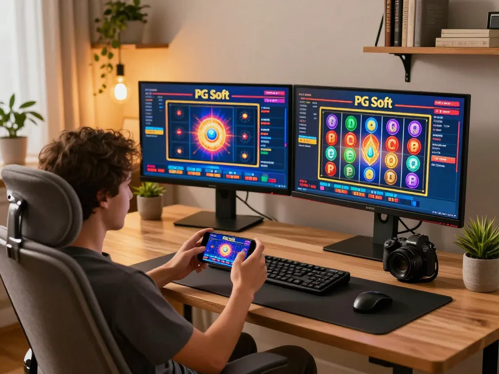 Berkeliling dengan permainan slot PG Soft di perangkat seluler dalam pengaturan permainan rumah yang nyaman.