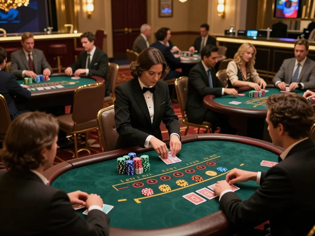 Engaged players at tg88 blackjack table demonstrating strategic betting techniques in upscale casino environment.