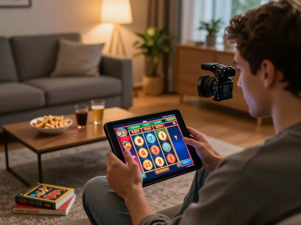 Player experiencing nk88 online slot game on tablet in cozy home setting with warm lighting.