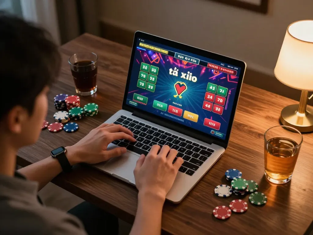 Tài xỉu online gameplay illustrated on a laptop in a cozy home setting, emphasizing strategic betting options.