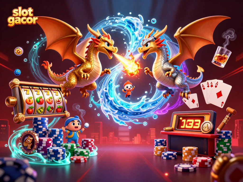 Engage with slot gacor in this lively scene featuring 3D dragons amidst vibrant casino elements.