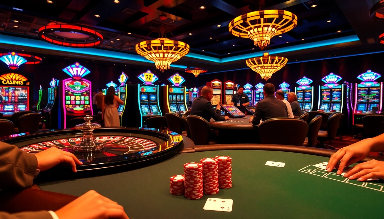 Xoso66 players enjoying an exciting casino experience with vibrant slot machines and roulette tables.