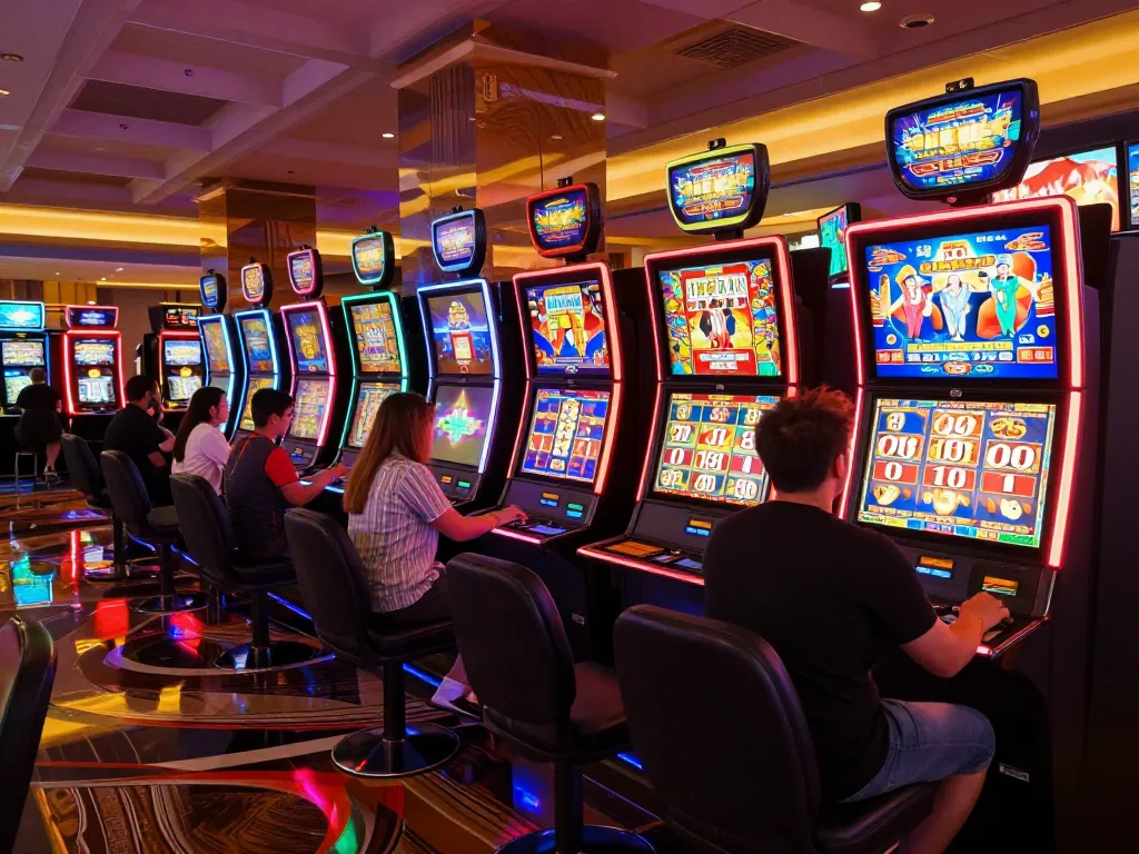 Players spinning colorful slot machines in a lively casino atmosphere.