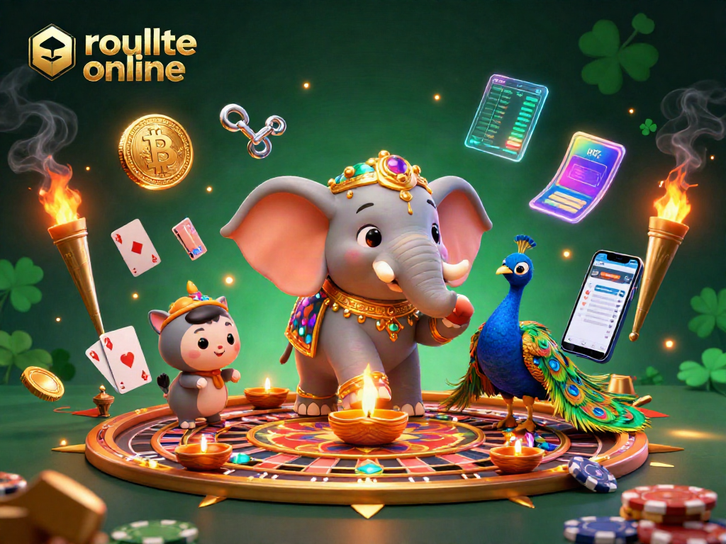 Engage with roulette online through vibrant 3D artwork featuring an elephant, peacock, and casino elements.