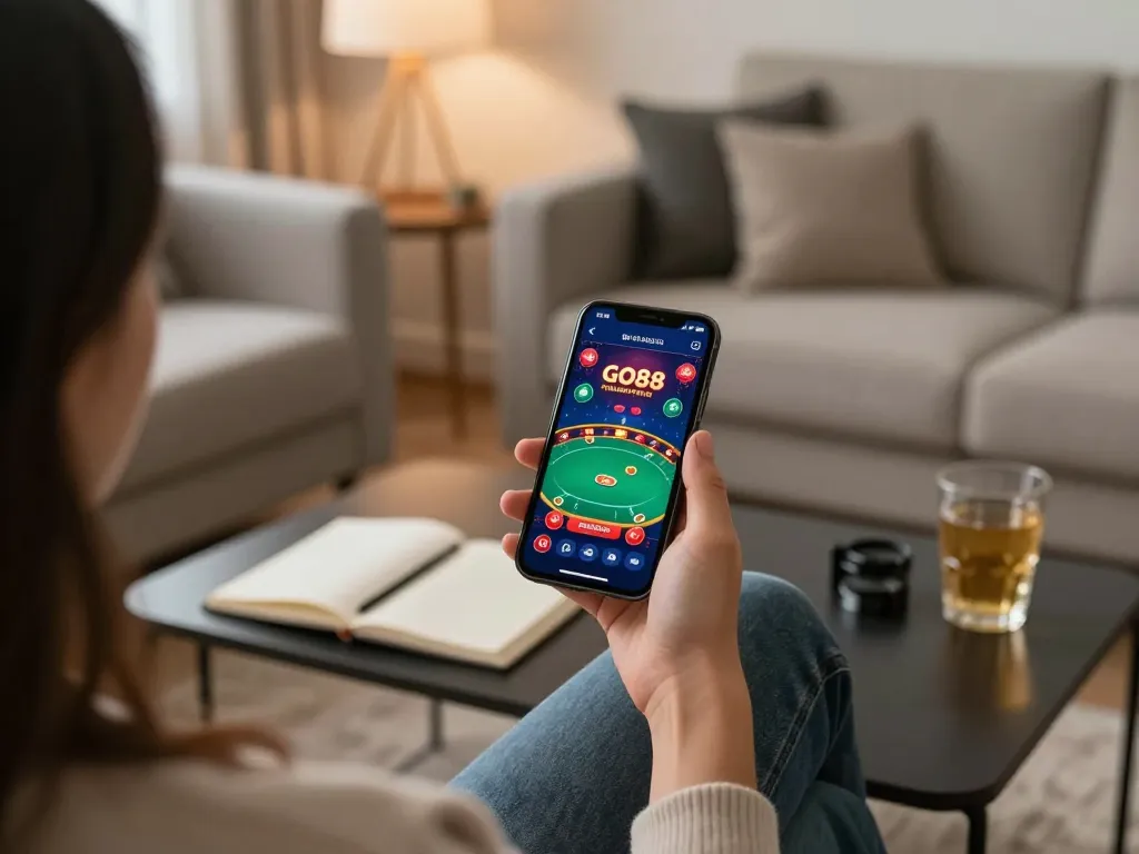 Player enjoying the GO88 casino app on a smartphone, showcasing online gaming experience.