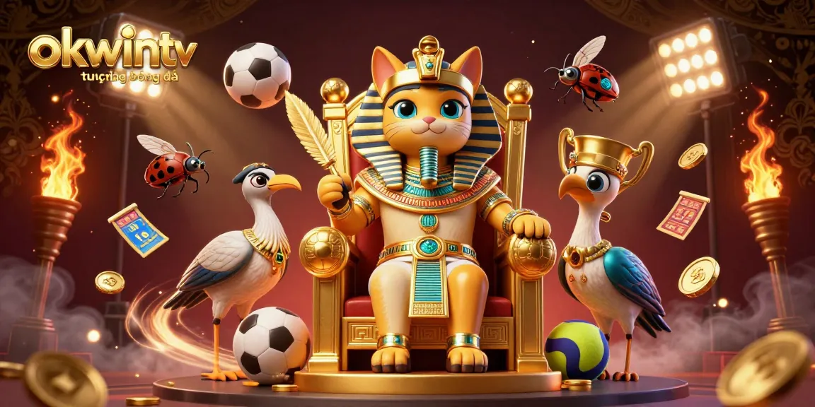 Watch the dynamic scene of okwintv trực tiếp bóng đá with animated pharaoh cat and sports elements filled with excitement.
