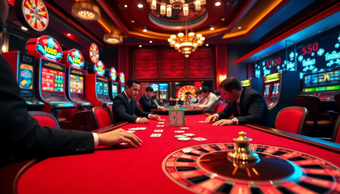 Experience thrilling gameplay at https://nh88vn.com/ with a luxurious casino setting of poker and slot machines.