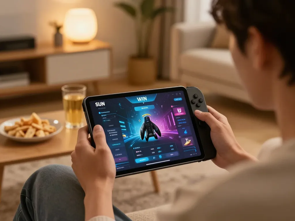 Engaging in Sun win online gaming on a tablet in a cozy home atmosphere.