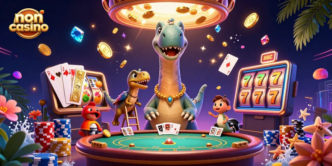 Experience fun at a non UK casino with animated characters enjoying slot games and vibrant casino elements.